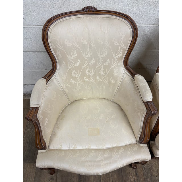 White Vintage French Provincial Louis XV Style Carved Bergere Armchairs - Pair For Sale - Image 8 of 18