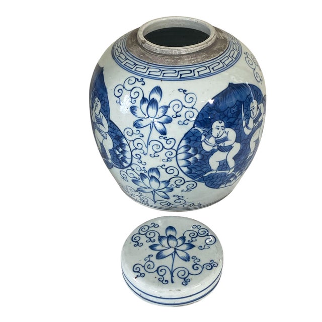 Superb Vintage Chinese blue and white covered ginger jars with hundred-kids motif and foliage. Because the birth of sons...