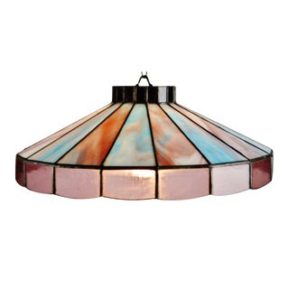 Vintage Tiffany Style Amethyst & Blue Leaded Glass Stained Glass Pendant Light For Sale