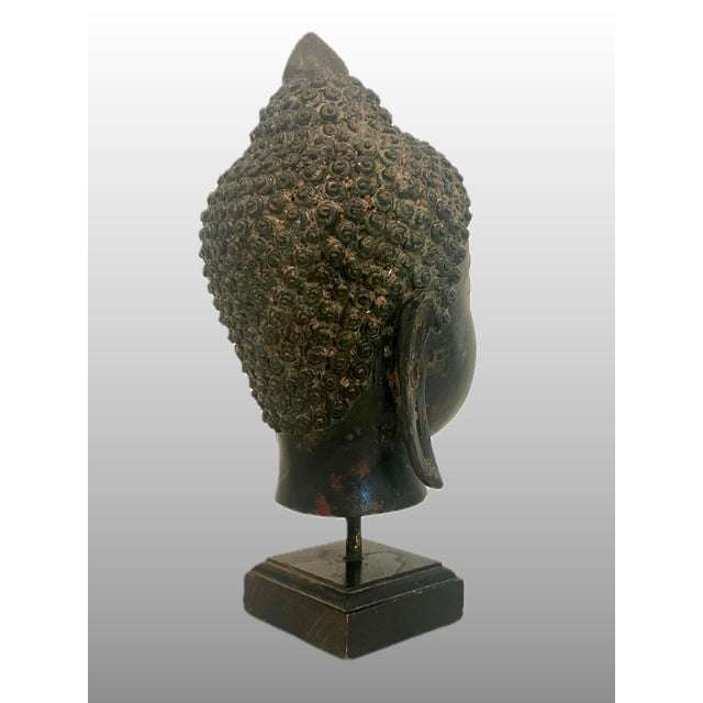 Antique Bronze Ayutthaya Buddha Head Thai Sculpture, Mounted For Sale - Image 4 of 12