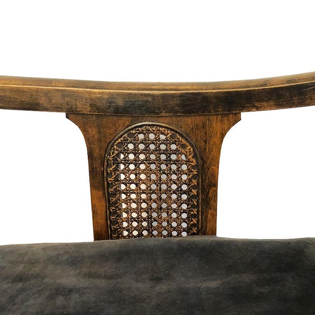 Wood 1900s Chippendale Colonial Style Cane Back Carved Wood Blue Fortuny Style Velvet Fabric Settee Antique Sofa or Daybed For Sale - Image 7 of 10
