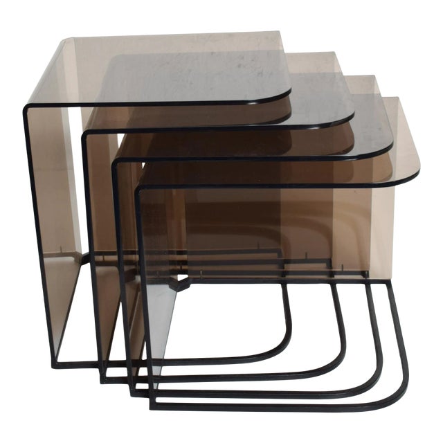 1970s Set of Four Nesting Tables in Satin Black Metal & Smokey Gray For Sale
