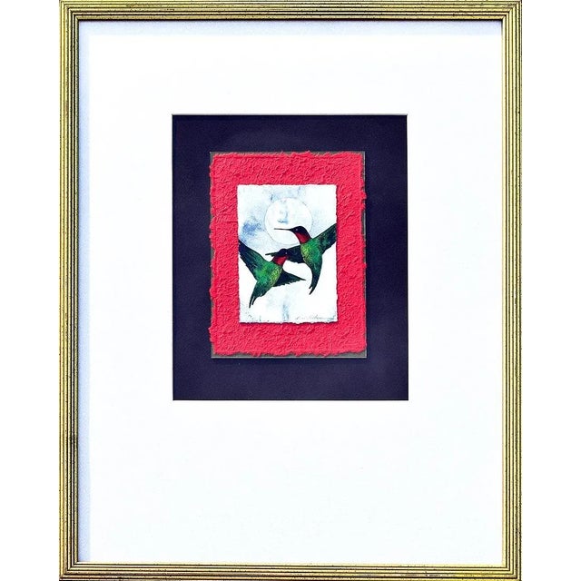 Late 20th Century Original Watercolor Painting of Two Hummingbirds and a Full Moon For Sale