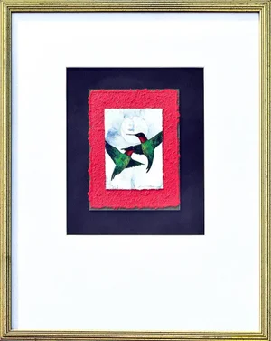 Late 20th Century Original Watercolor Painting of Two Hummingbirds and a Full Moon