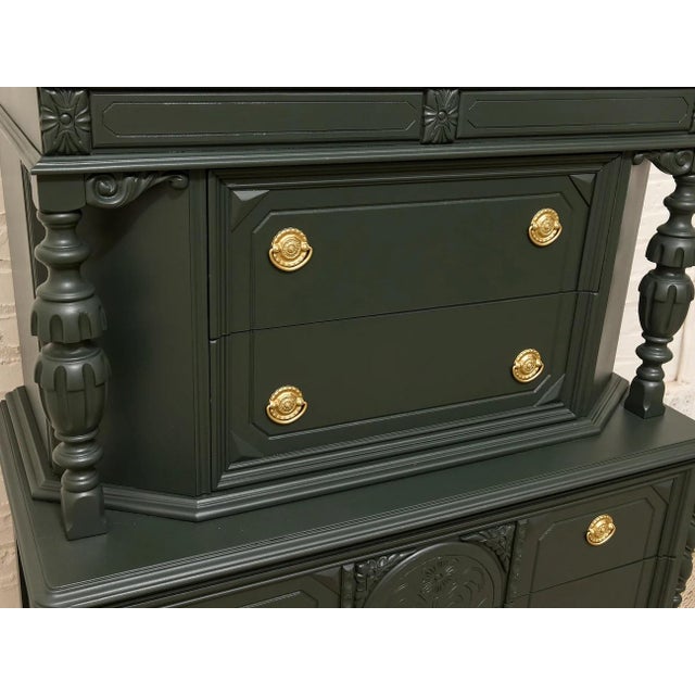 Antique Hunter Green Highboy Dresser With Ornate Carved Details For Sale - Image 11 of 11