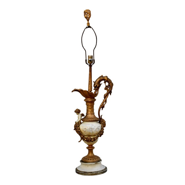 Antique Gilded Metal Lamp Renaissance Style Ornate Ewer Designed Figural Details For Sale