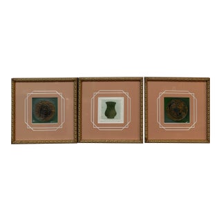 Etchings of Ancient Objects in Geometric Salmon Matte, Set of Three For Sale