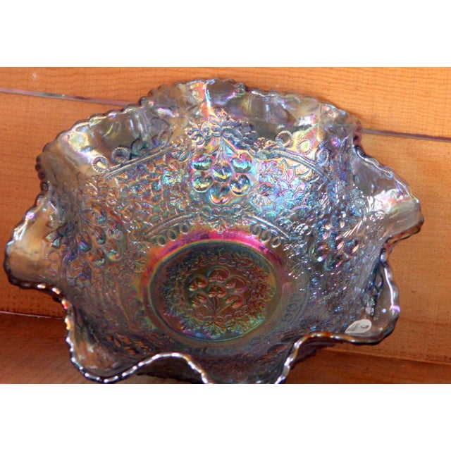 1970s Fenton Art Glass Iridescent Ice Blue Cherry Chain Bowl With Orange Tree Exterior For Sale - Image 11 of 11