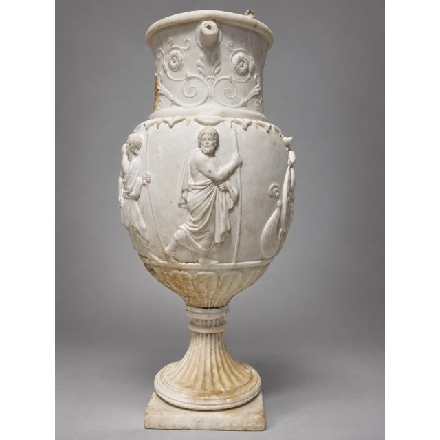 Grand Tour Neoclassical White Marble Urn With Classical Figural Reliefs For Sale - Image 4 of 14