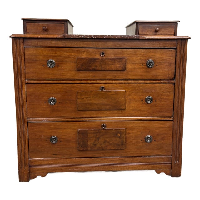 Antique Victorian Eastlake Marble Inlay Gentleman’s Chest Dresser Commode For Sale