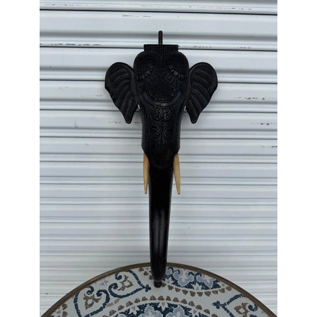 Late 20th Century Handcrafted Dark Wood Elephant With Resin Tusk Sculpture For Sale - Image 9 of 9