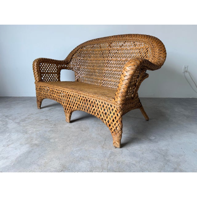 Burgundy Vintage Coastal Rattan & Wicker Loveseat With Original Cushions For Sale - Image 8 of 12