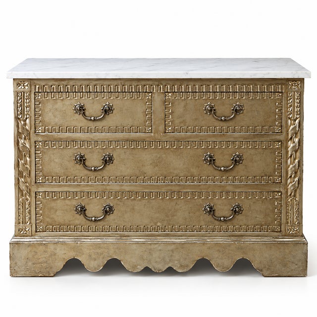 Modern French Louis XVI Style Silver Leaf Carved Chest W/ Carrera Marble Top For Sale - Image 9 of 9