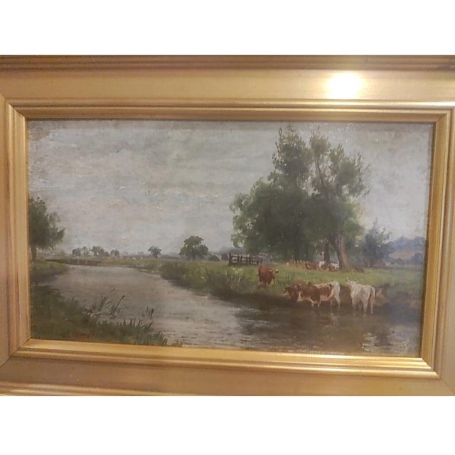 Barbizon 19 Century Signed Oil/Board "Cow Herd by River" For Sale - Image 4 of 6