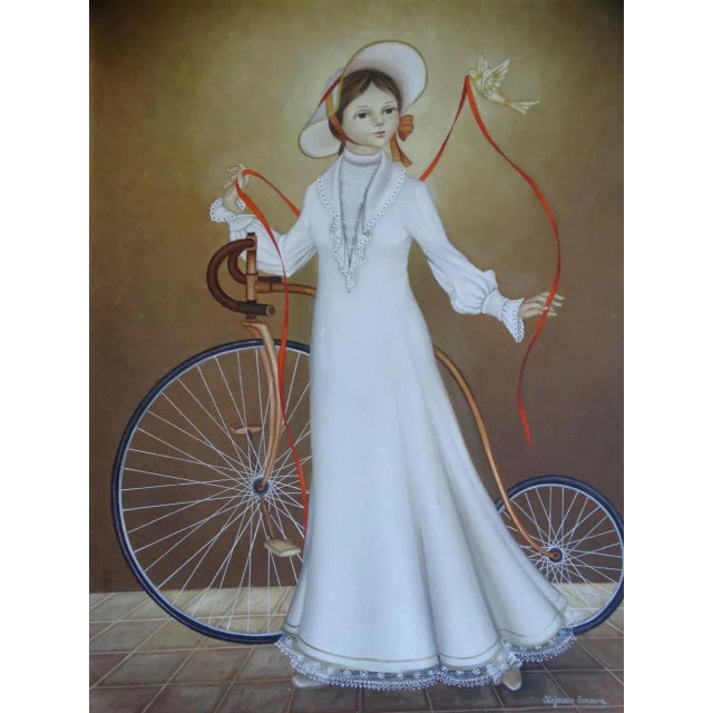 1970s Alejandro Camarena Painting, Girl With a Penny Farthing Bicycle, a Dove and a Long Red Ribbon For Sale - Image 5 of 8
