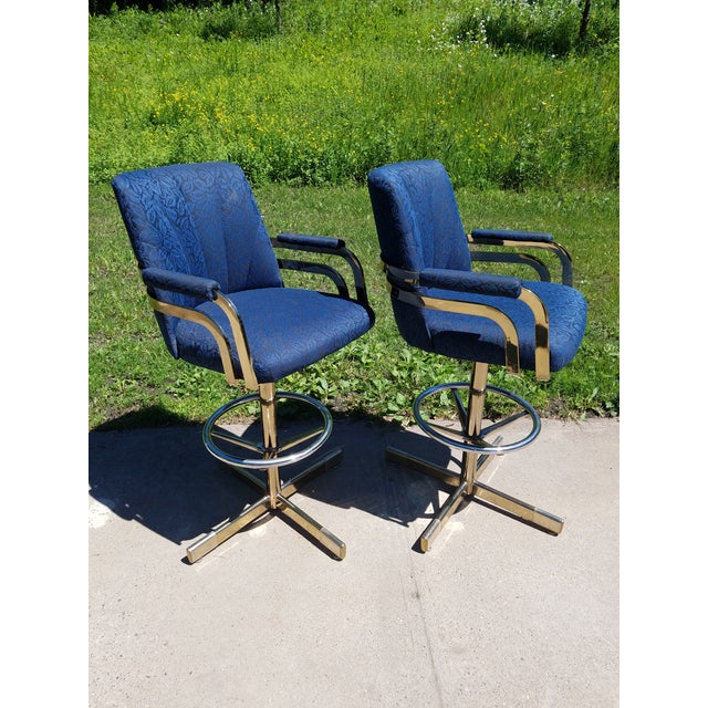 Mid-Century Modern Milo Baughman Brass Frame Swivel Base Bar Stools - a Pair For Sale In Minneapolis - Image 6 of 13