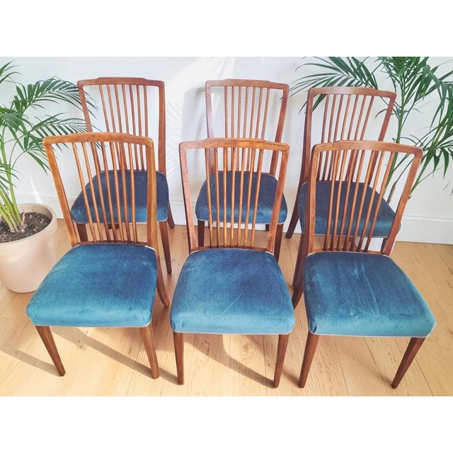 1960s Mid-Century Dining Chairs in Teal Blue Velour by Greaves & Thomas, 1960s, Set of 6 For Sale - Image 5 of 18