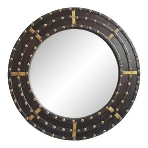 Round Ox Cart Wood & Brass Mirror