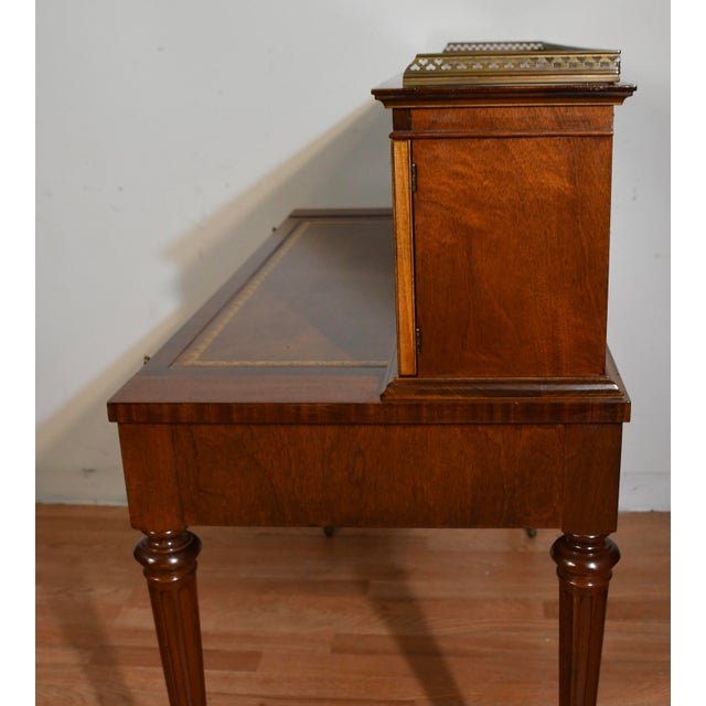Brown 1930s Wieman Hepplewhite Style Leather Top Mahogany Inlaid Writing Desk With Bookcase For Sale - Image 8 of 18