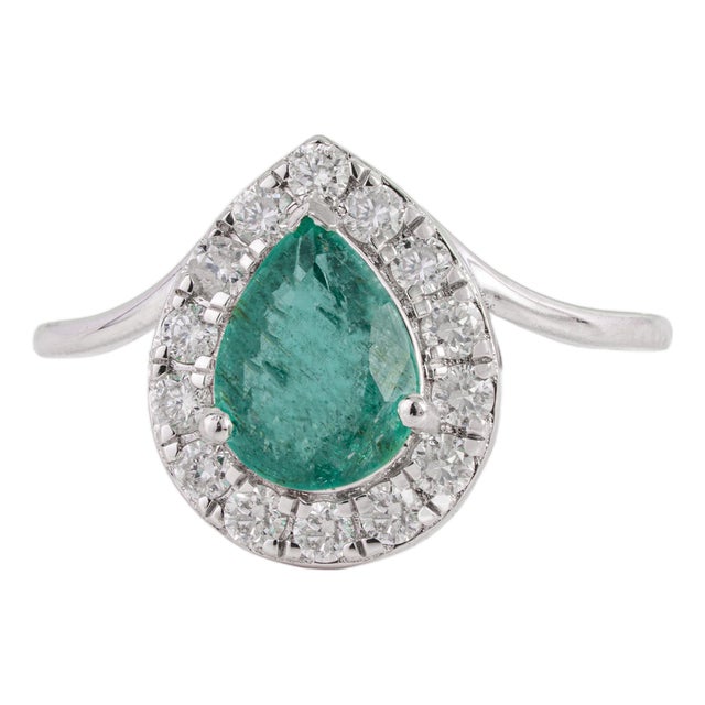 1.15ct Natural Pear-Cut Emerald Diamond Halo 14k Gold Statement Ring Size 5.5 For Sale