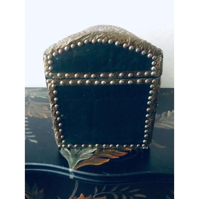 Wood Antique French Leather Wrappedd Studded Dome Top Lined Box For Sale - Image 7 of 8