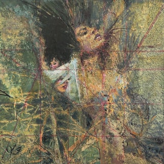 Miraculous by Lisa Fricker | Oil on collage on board abstract composition with figures and textures For Sale