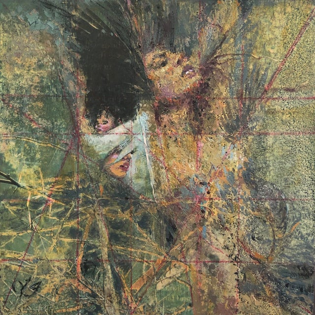 Miraculous by Lisa Fricker | Oil on collage on board abstract composition with figures and textures For Sale
