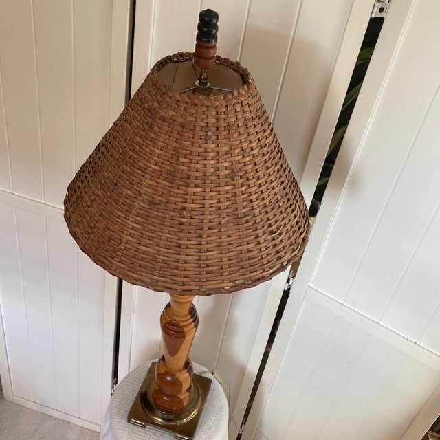 1970s Artist Signed Mid-Century Modern Hand-Turned Marquetry Wood Lamp For Sale - Image 10 of 12