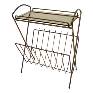 Small End Table with Magazine Rack in Golden Tubular Metal and Smoked Glass, 1970s For Sale