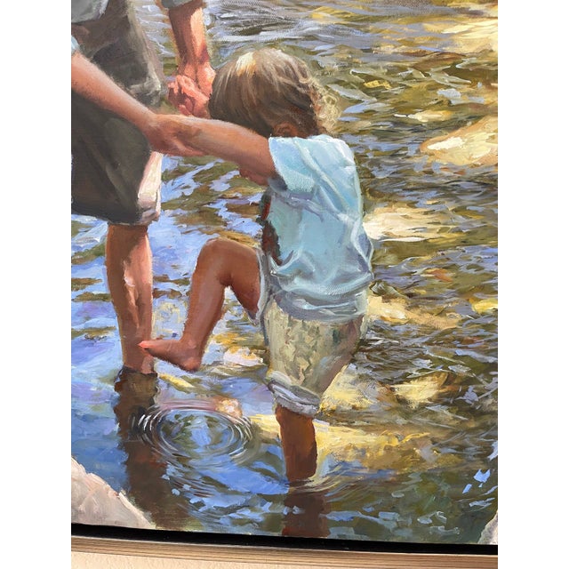 Realism Steady Hand by Sheri Farabaugh | Oil on Canvas Man helping a child in a stream. For Sale - Image 3 of 4