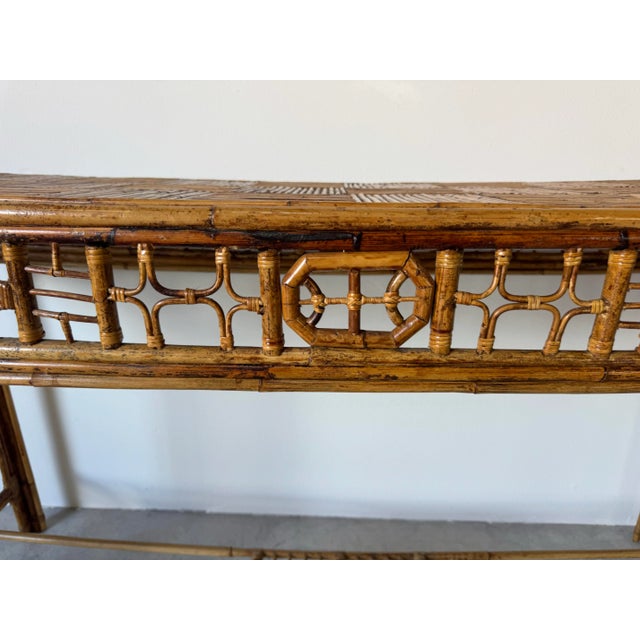 Vintage Bamboo & Leather Chinese Chippendale Fretwork Console Table With Parquet Top/Sold For Sale - Image 10 of 12