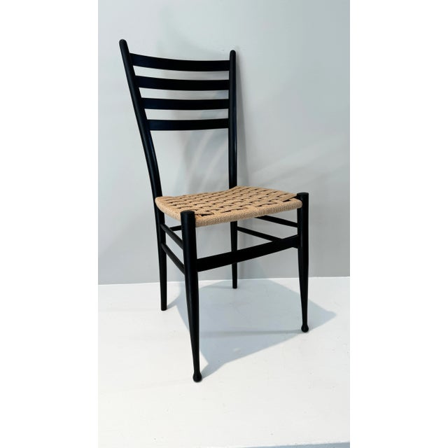 Set of Six Italian Gio Ponti Style Black Wood Ladder Back Dining Chairs With Danish Cord Woven Seats For Sale In New York - Image 6 of 9