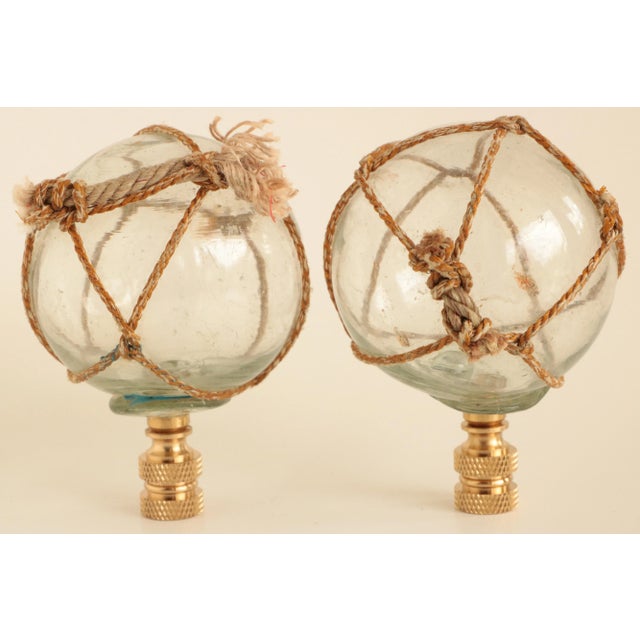 Netted Nautical Glass Lamp Finials on Brass Bases - a Pair For Sale - Image 4 of 4