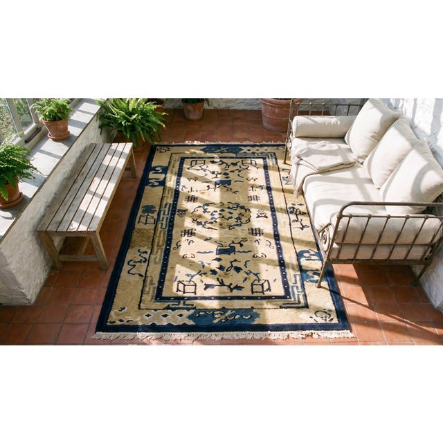 1920s Beige Geometric Antique Chinese Peking Rug 2' X 3'11" Knotted Wool Carpet For Sale - Image 12 of 12