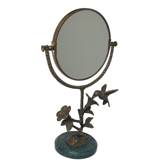 Brass and Marble Hummingbird & Flower Tabletop Vanity Mirror For Sale - Image 4 of 12