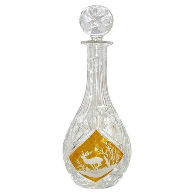 1970s Vintage Austrian Animal Engraved Overlaid Gold Amber Glass Liqueur Bottle For Sale - Image 11 of 11