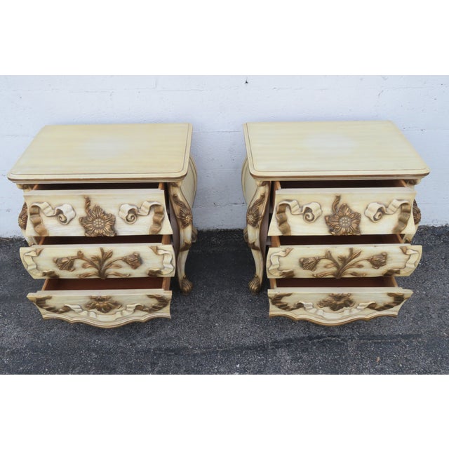 Shabby Chic French Carved Large Bombe Serpentine Nightstands Bedside Tables a Pair For Sale - Image 3 of 10