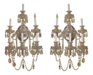 Mid 20th Century Maria Theresa Style Cut Glass Six-Arm Wall Light Sconces - a Pair