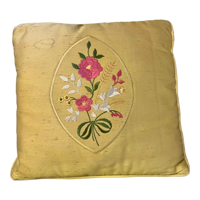 Vintage Gold Silk With Floral Embroidery Design Pillow For Sale