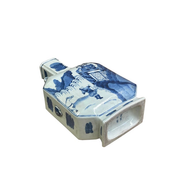 Chinese Blue White Porcelain Hexagonal Figural Graphic Art Vase For Sale - Image 13 of 15
