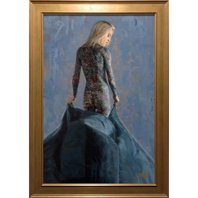 This artwork depicts a figure draped in a flowing fabric, exuding an air of confidence and poise. The intricate floral...