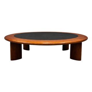 Round Coffee Table in Solid Hardwood & Black Leather, Brazilian Modern, 1970s For Sale