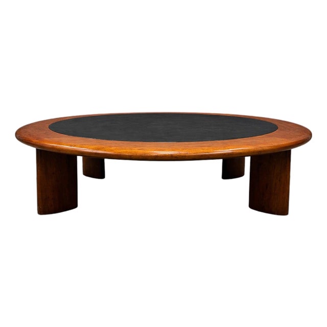 Round Coffee Table in Solid Hardwood & Black Leather, Brazilian Modern, 1970s For Sale