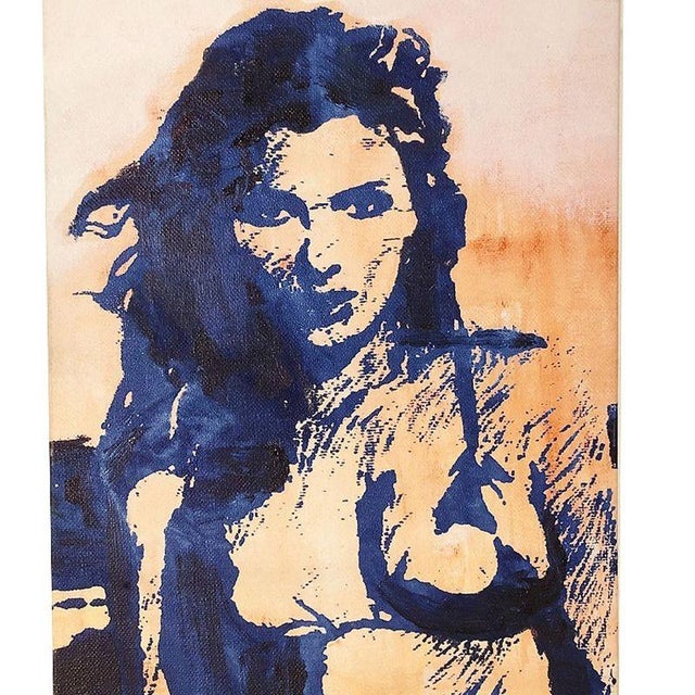 Y2K female portrait rendered in a bold, deeply saturated blue, this piece is done in the screen printing style. The figure...