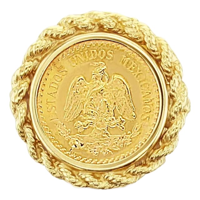 1945 Dos Pesos Gold Coin Ring with Rope Bezel, Size 8 For Sale