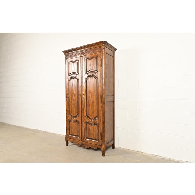 French Provincial Baker Furniture French Provincial Louis XV Carved Oak Armoire Dresser or Linen Press, Circa 1960s For Sale - Image 3 of 16