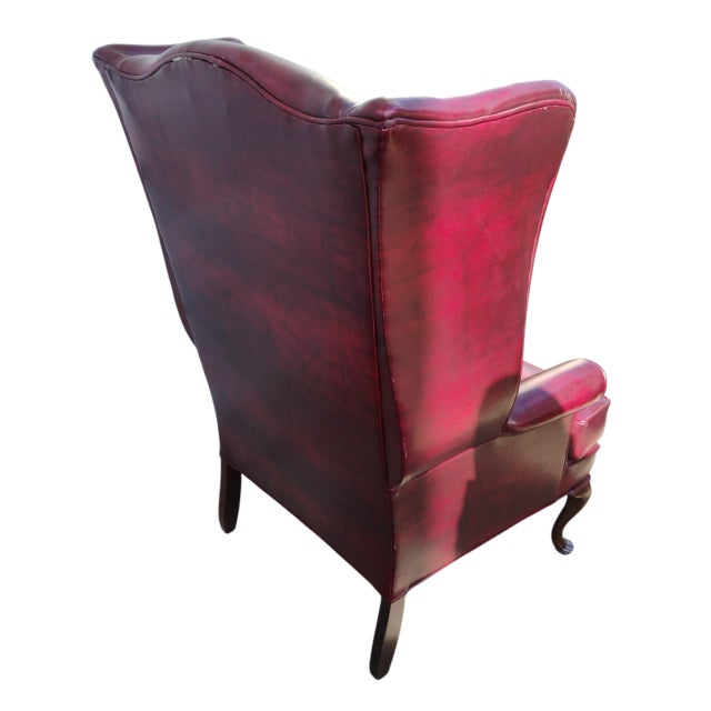 Burgundy Vintage English Georgian-Style Wingback Oxblood Upholstery Lounge Chair & Matching Ottoman For Sale - Image 8 of 10