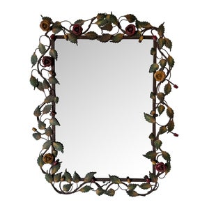 1960's Vintage Italian Hollywood Regency Tole Metal Flower Wall Mirror For Sale