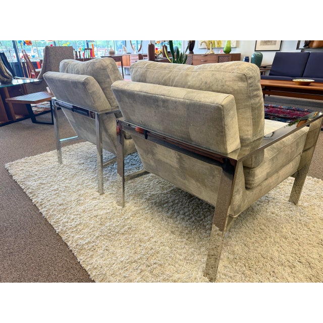 Metal Pair of Mid Century Modern Style Chrome Upholstered Lounge Chairs by Arhaus For Sale - Image 7 of 12