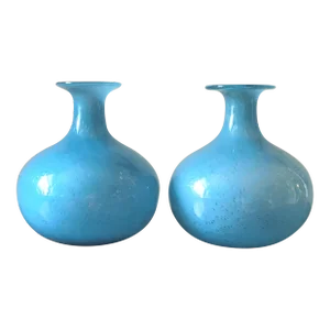Vintage 1990s Hand Blown Bubble Murano Style Art Glass Vases - a Pair